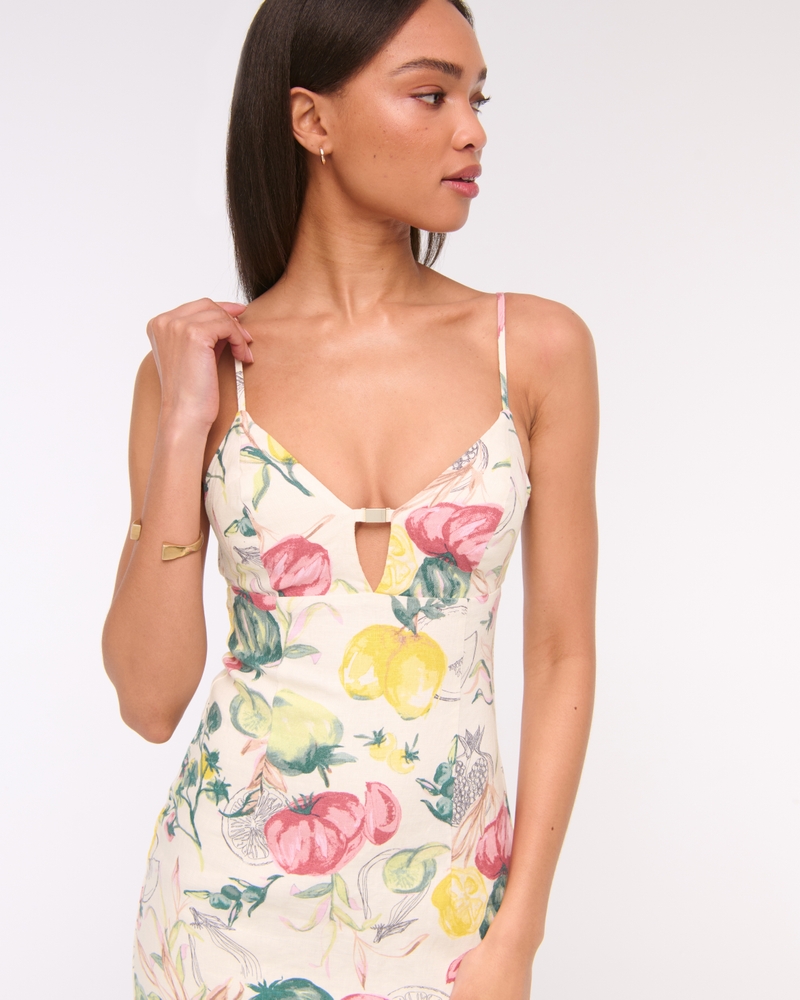 Premium Linen Cutout Midi Dress(vegetable print,XXS)