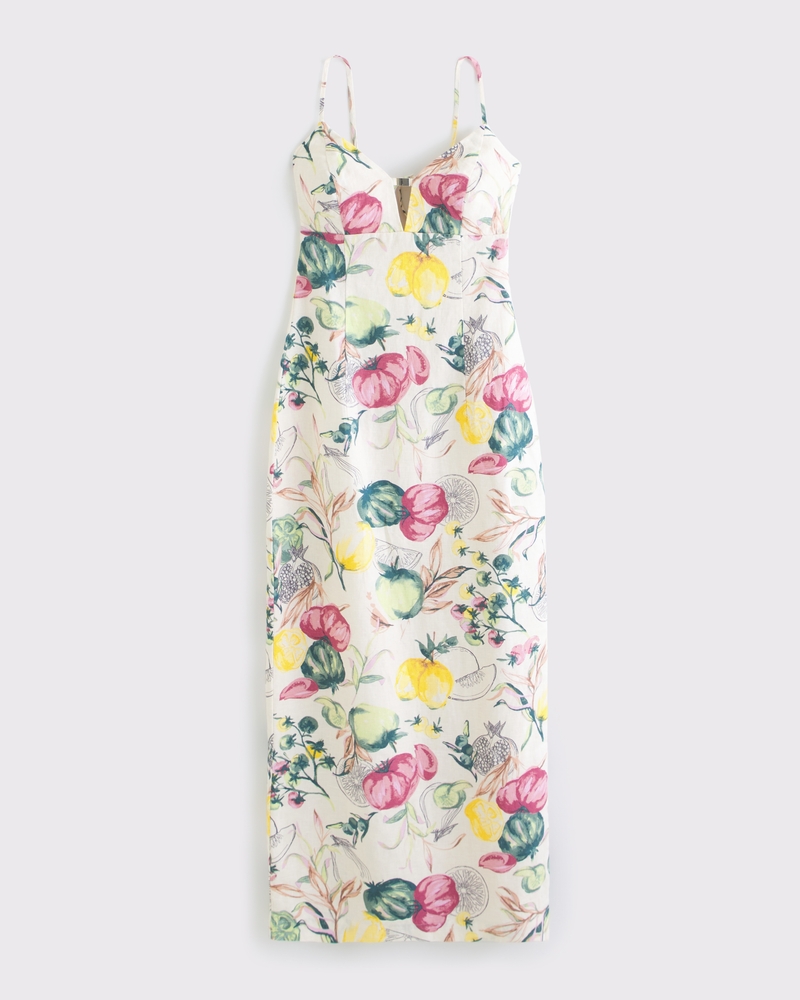 Premium Linen Cutout Midi Dress(vegetable print,XXS)