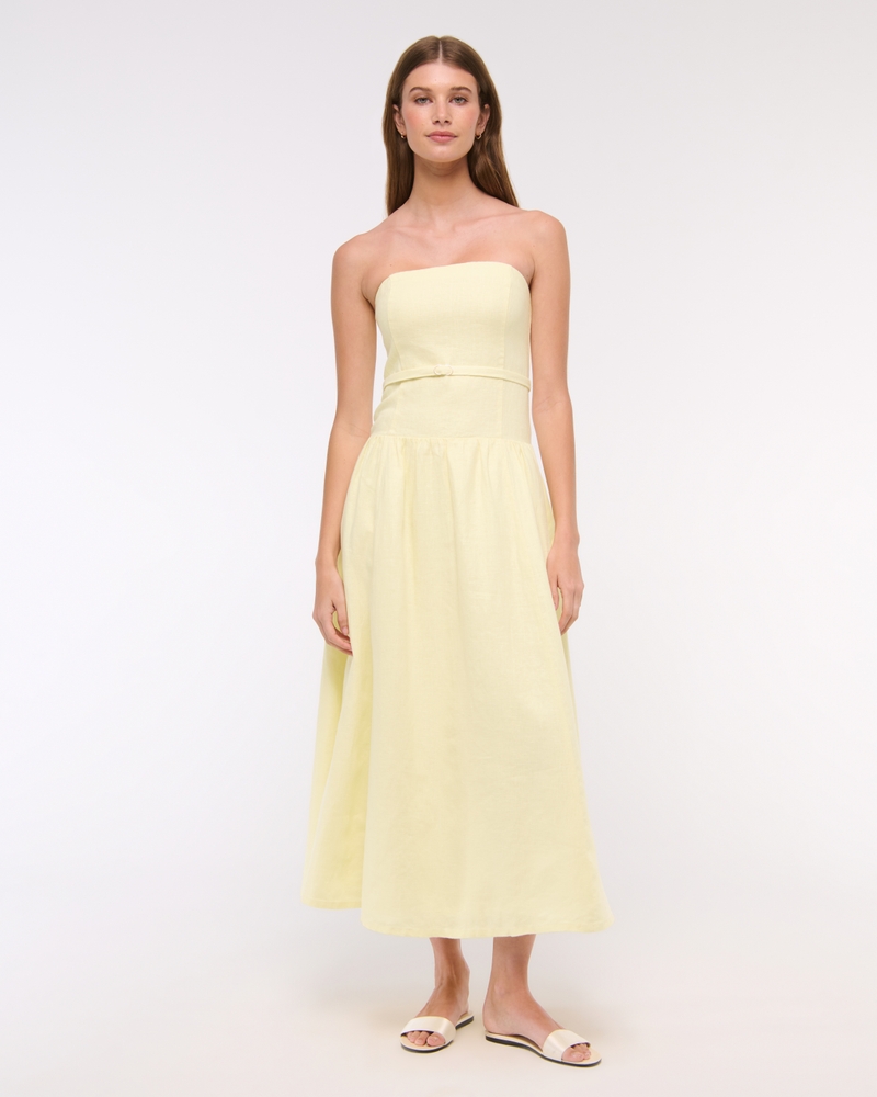 Premium Linen Drop-Waist Belted Midi Dress