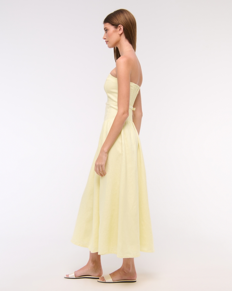 Premium Linen Drop-Waist Belted Midi Dress(yellow,XXS)