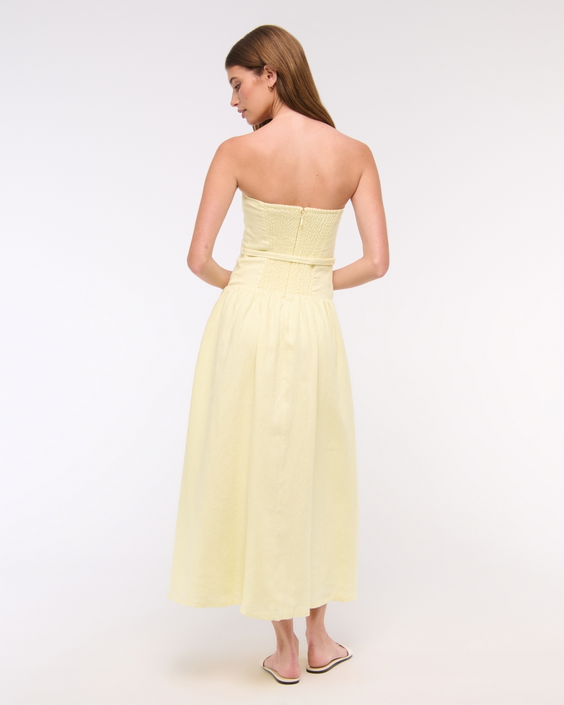Premium Linen Drop-Waist Belted Midi Dress(yellow,XXS)