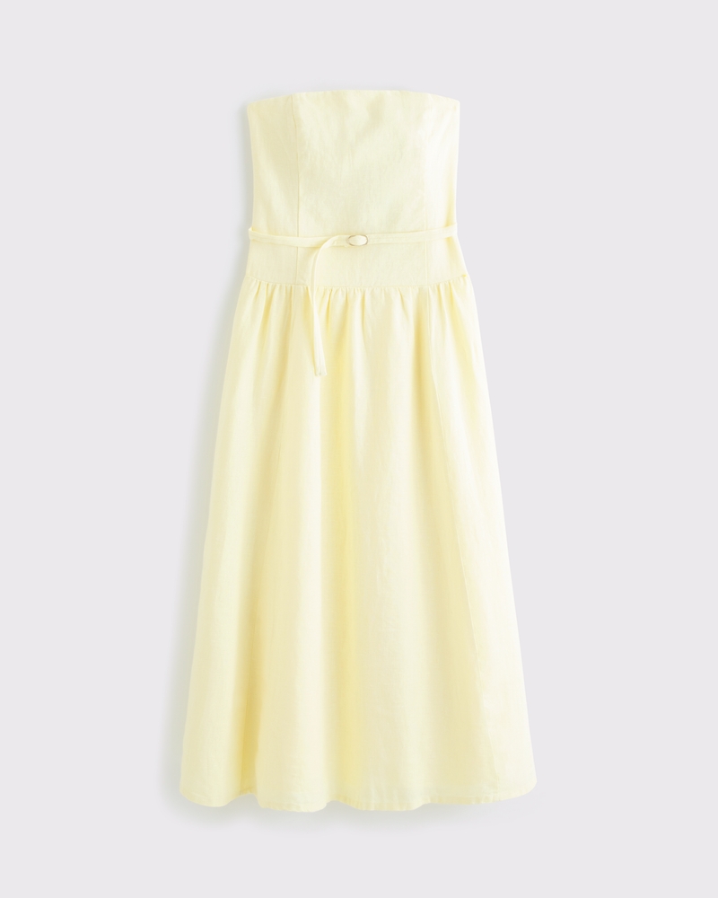 Premium Linen Drop-Waist Belted Midi Dress(yellow,XXS)