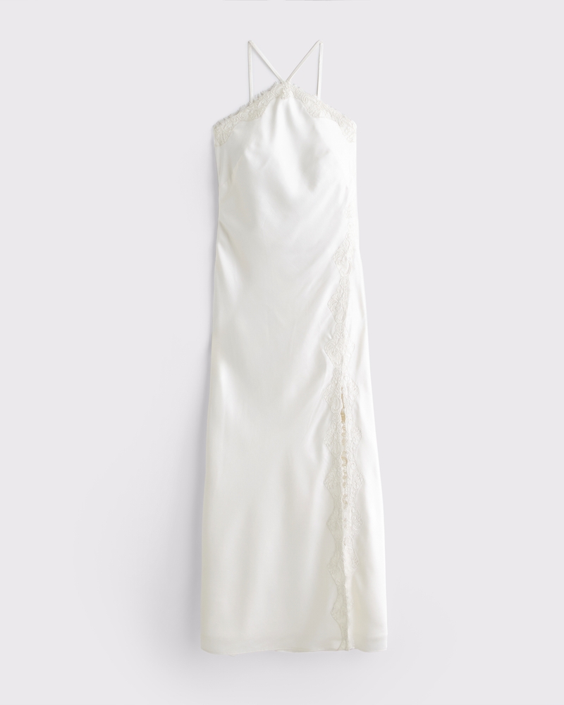 High Neck Lace Trim Midi Dress(pearl,XXS)