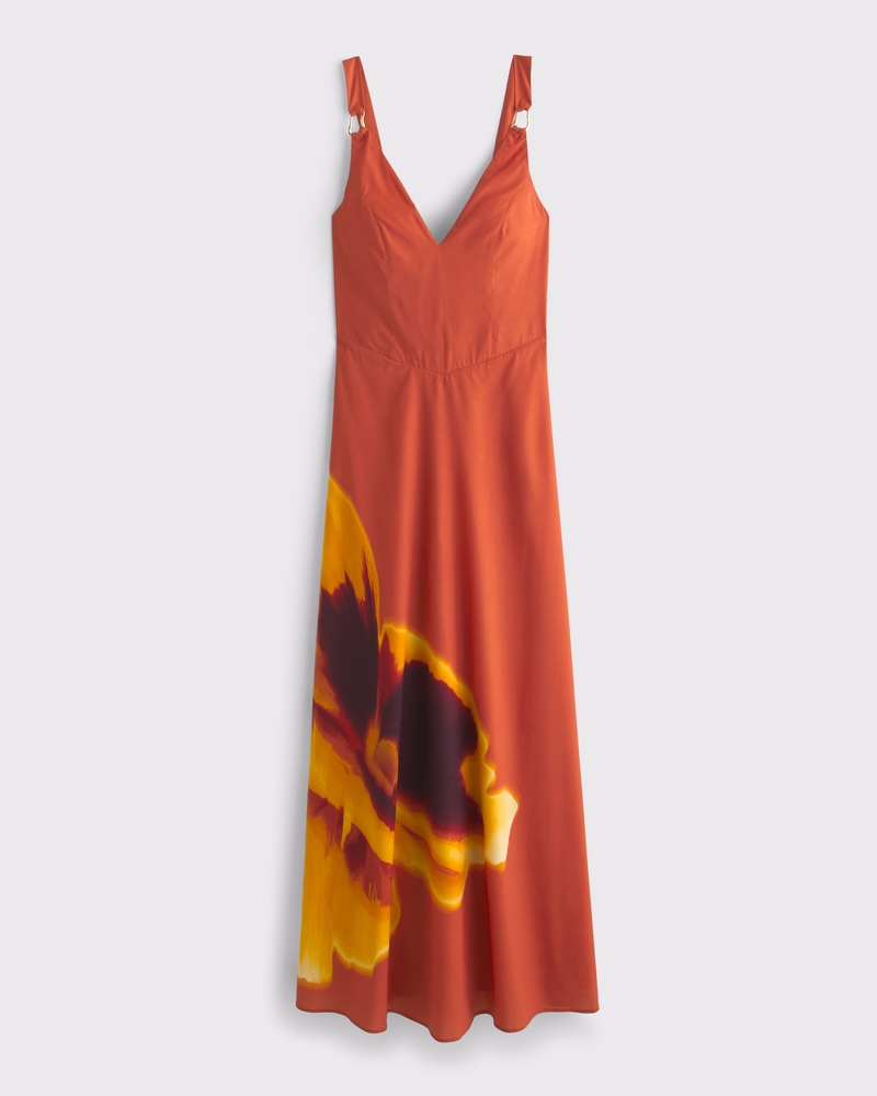 Dipped-Waist Hardware Maxi Dress(orange floral,XXS)