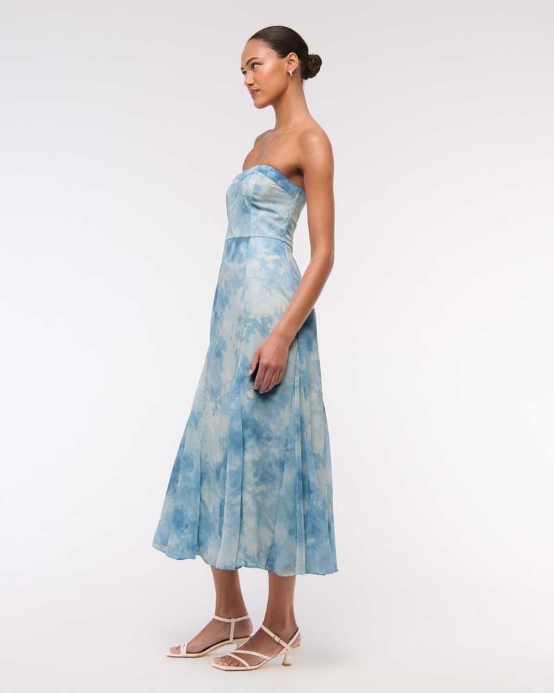 The A&F Camille Strapless Godet Midi Dress(pale aqua pattern,XXS)