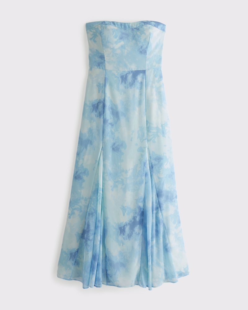 The A&F Camille Strapless Godet Midi Dress(pale aqua pattern,XXS)