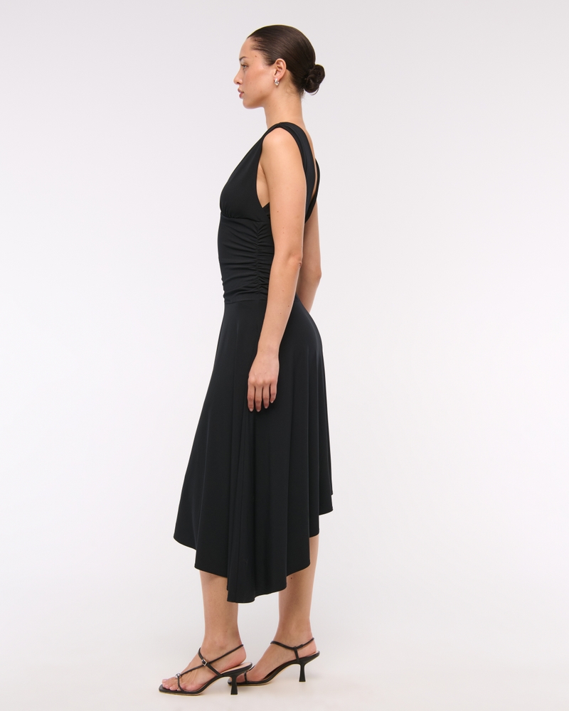 Plunge Ruched Knit Midi Dress(black,XXS)