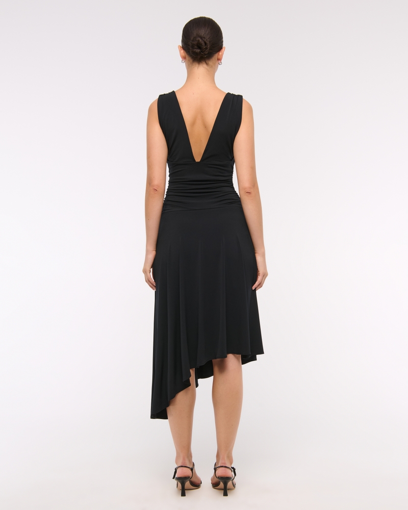 Plunge Ruched Knit Midi Dress(black,XXS)