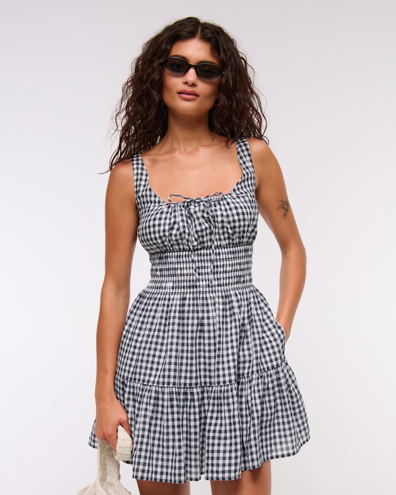 Smocked Tie-Front Mini Dress