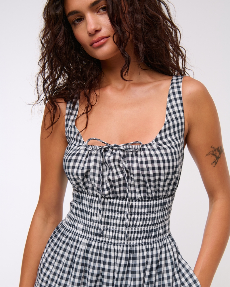 Smocked Tie-Front Mini Dress(navy check,XXS)