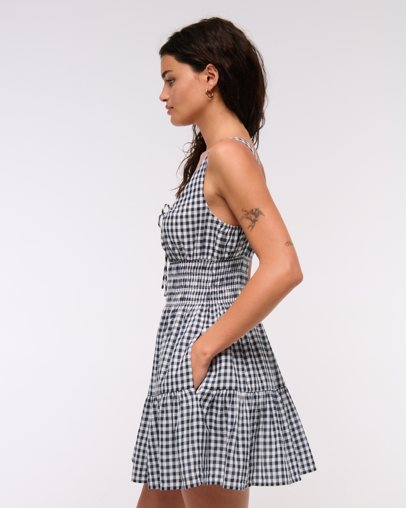 Smocked Tie-Front Mini Dress(navy check,XXS)