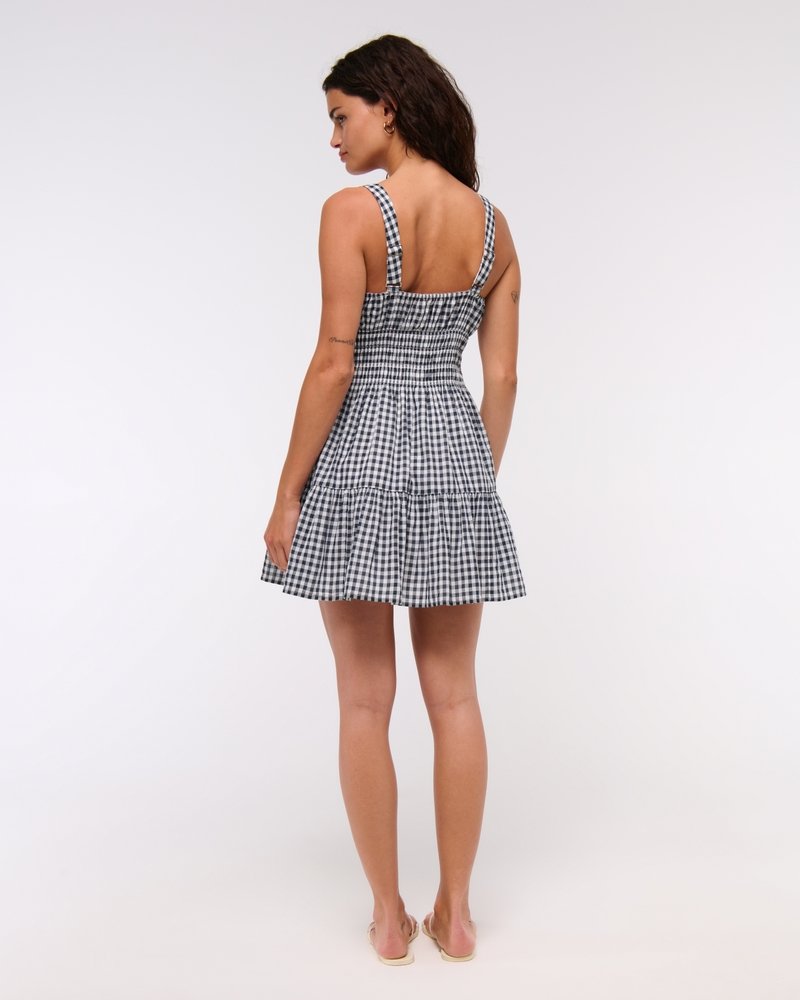Smocked Tie-Front Mini Dress(navy check,XXS)