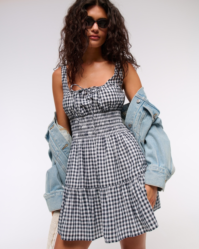 Smocked Tie-Front Mini Dress(navy check,XXS)