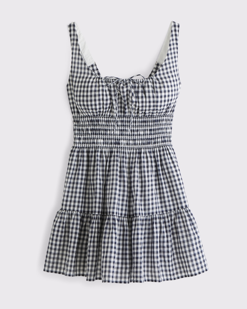 Smocked Tie-Front Mini Dress(navy check,XXS)