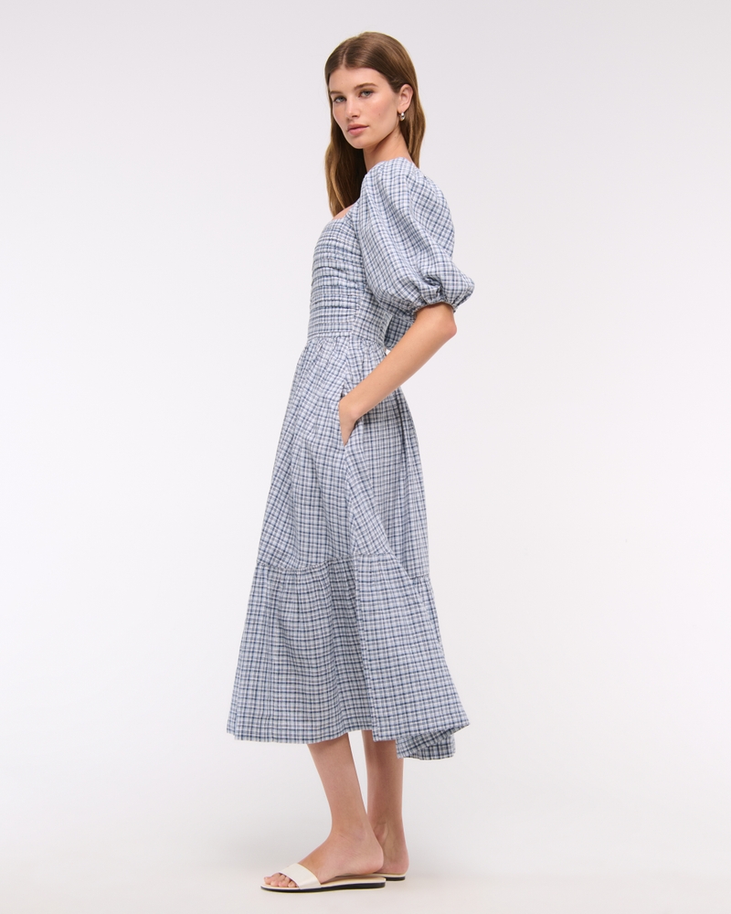 The A&F Emerson Linen-Blend Puff Sleeve Midi Dress(blue plaid,XXS)