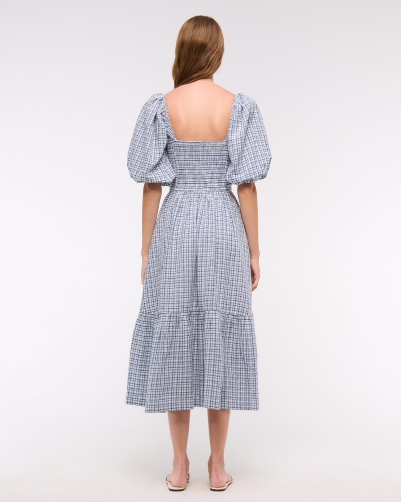 The A&F Emerson Linen-Blend Puff Sleeve Midi Dress(blue plaid,XXS)