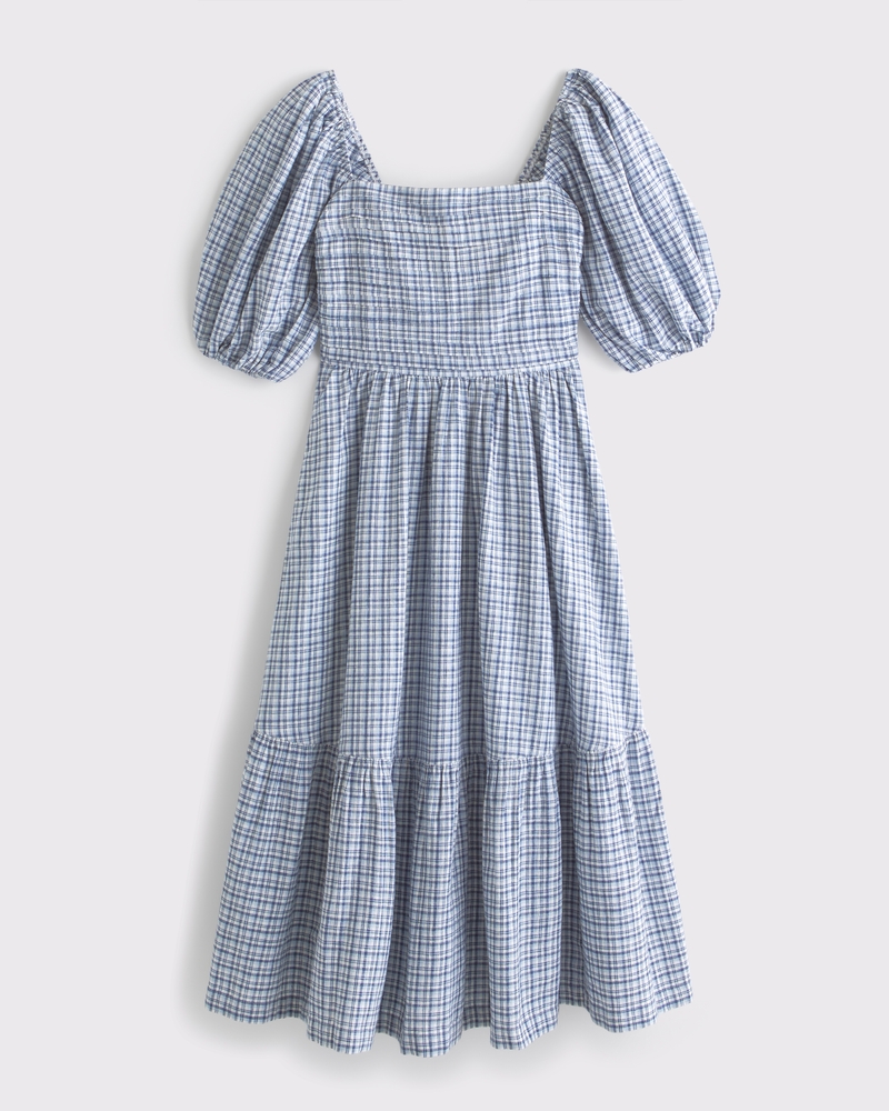 The A&F Emerson Linen-Blend Puff Sleeve Midi Dress(blue plaid,XXS)