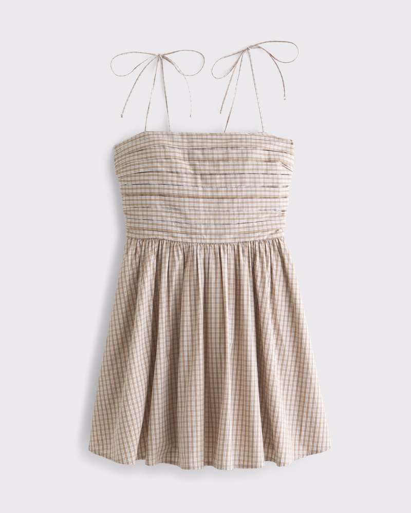 The A&F Emerson Tie-Strap Mini Dress(light brown plaid,XXS)