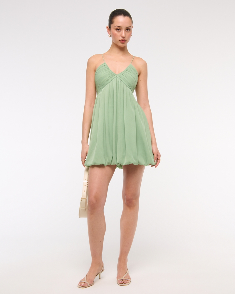 Sheer Bubble Hem Mini Dress(green,XXS)