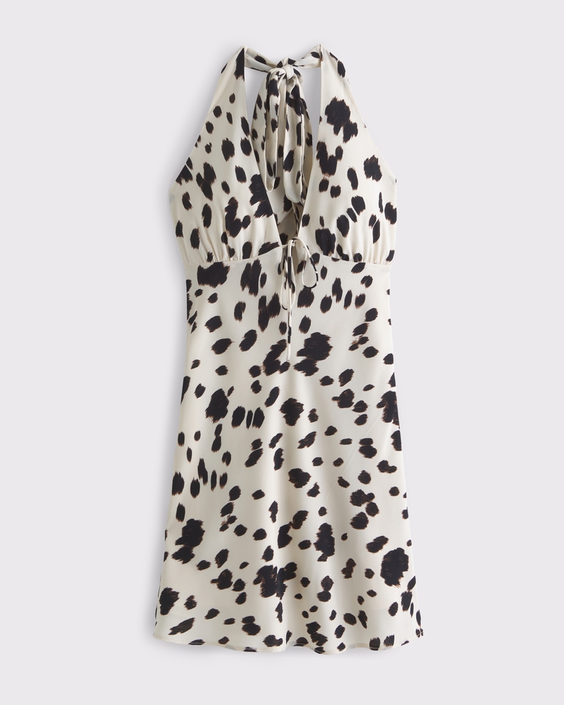 Halter Tie-Front Slip Mini Dress(pony print,XXS)