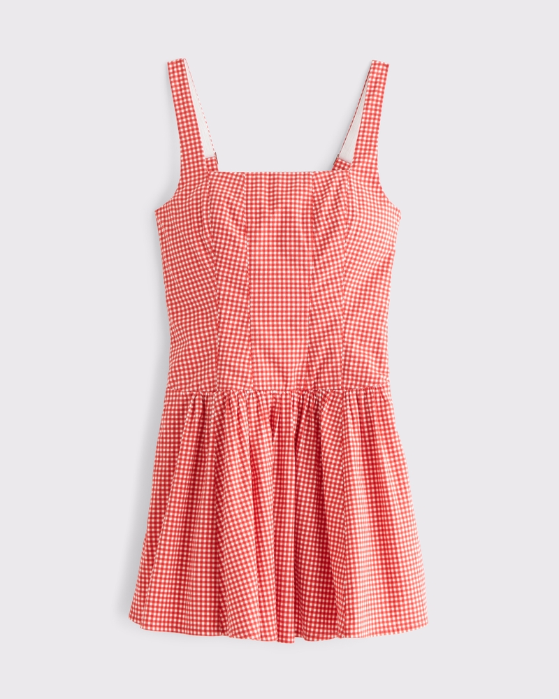 The A&F Mila Drop-Waist Mini Dress(red gingham,XXS)