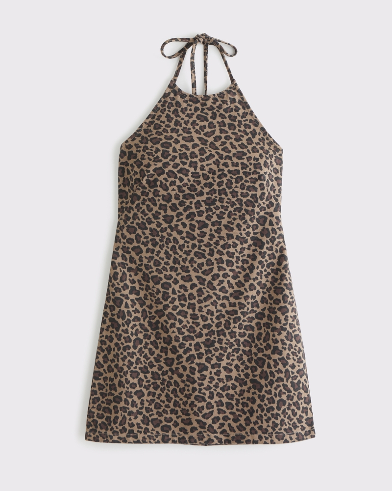 Open-Back Halter Denim Mini Dress(light brown pattern,XXS)