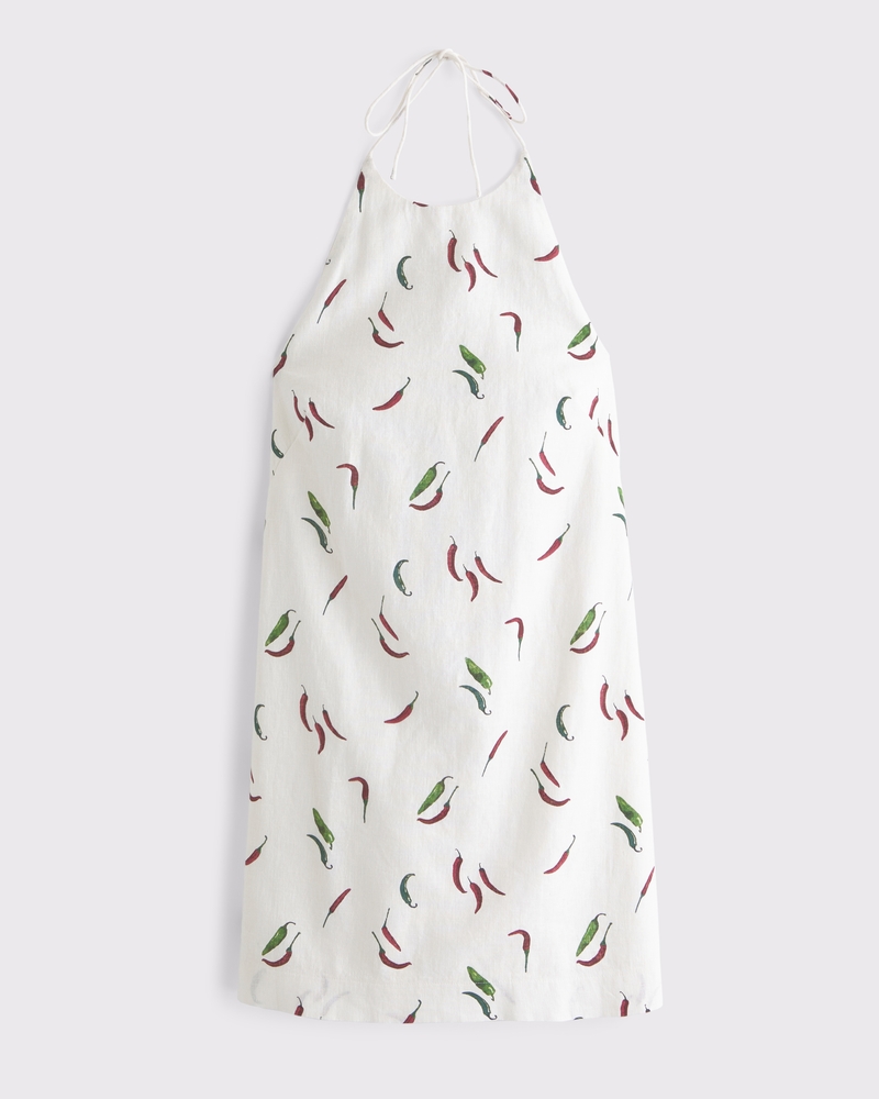 Open-Back Halter Linen-Blend Mini Dress(pepper print,XXS)