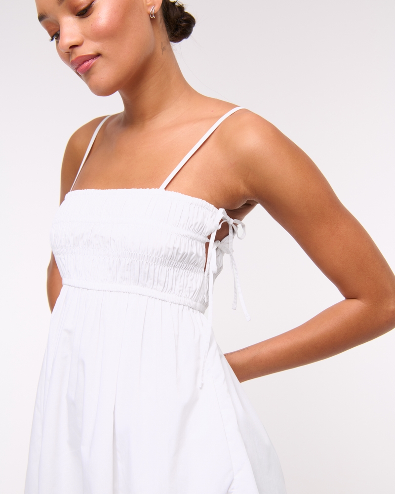 Smocked Babydoll Tie Mini Dress(white,XXS)