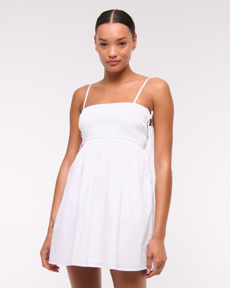 Smocked Babydoll Tie Mini Dress(white,XXS)