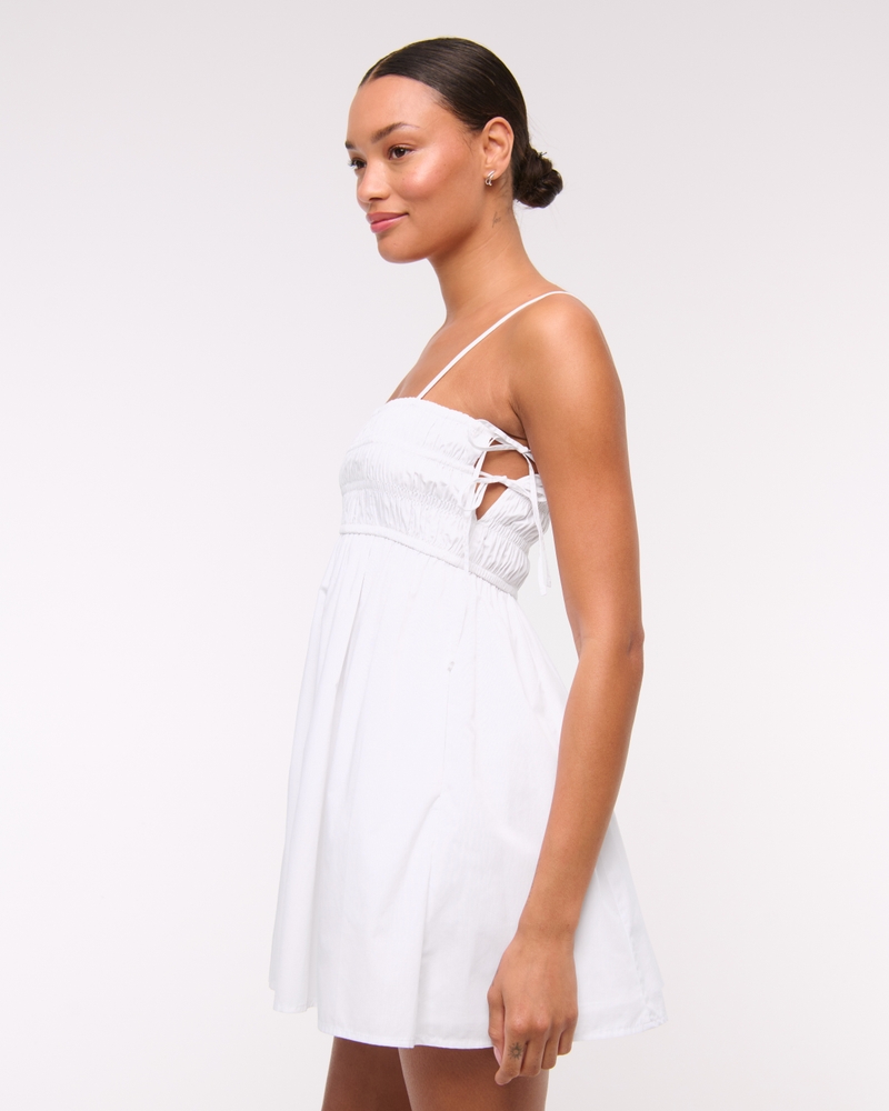Smocked Babydoll Tie Mini Dress(white,XXS)