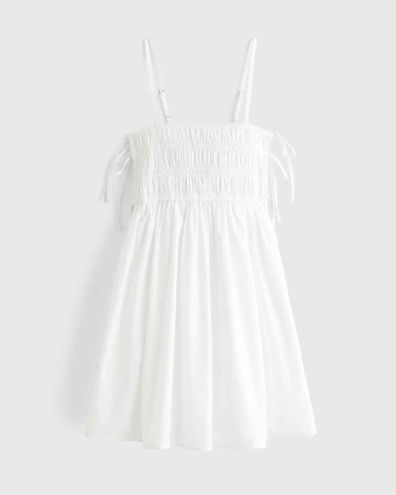 Smocked Babydoll Tie Mini Dress(white,XXS)