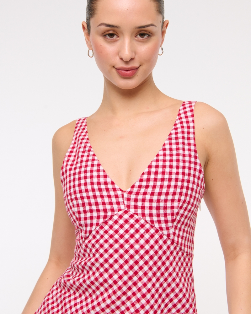 V-Neck Linen-Blend Mini Dress(red gingham,XXS)