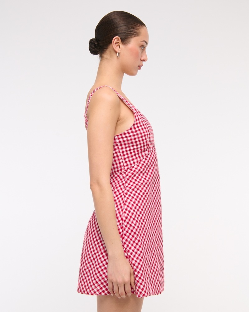 V-Neck Linen-Blend Mini Dress(red gingham,XXS)