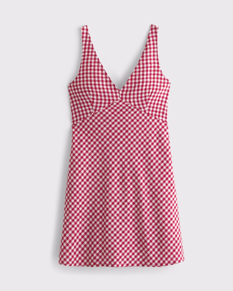 V-Neck Linen-Blend Mini Dress(red gingham,XXS)