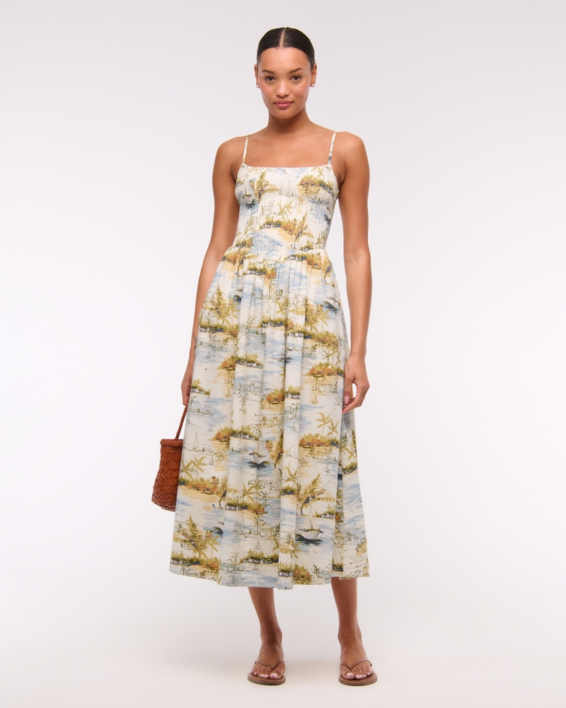 Dipped-Waist Smocked Midi Dress