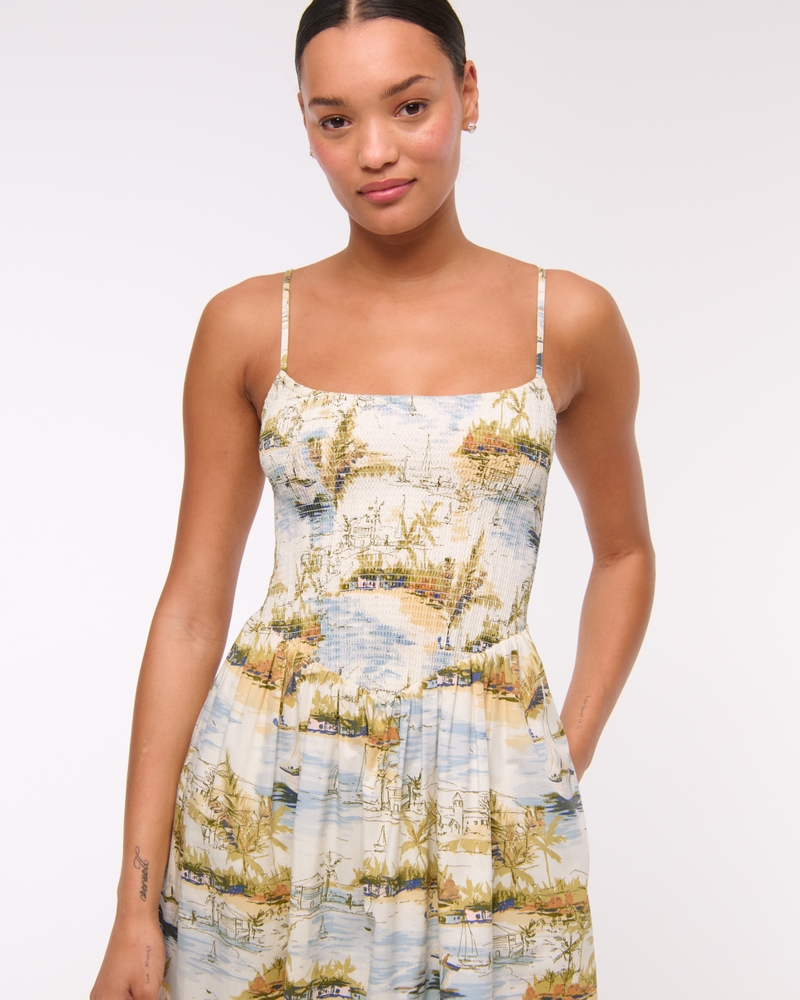 Dipped-Waist Smocked Midi Dress(white pattern,XXS)