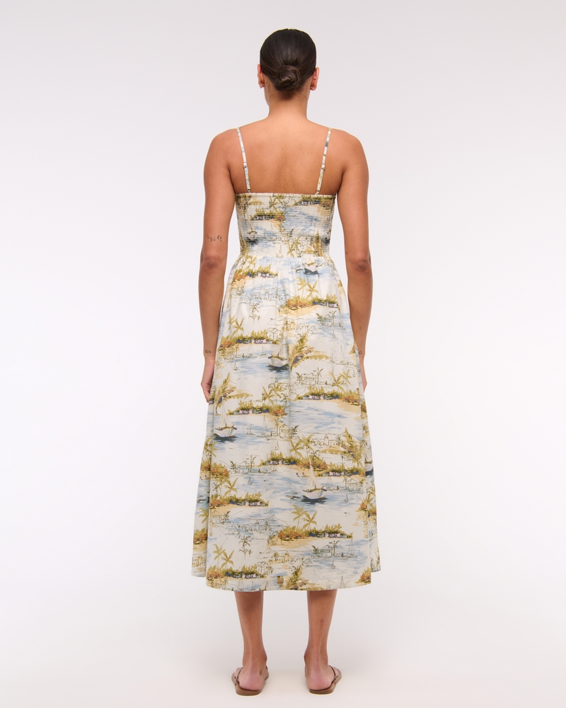 Dipped-Waist Smocked Midi Dress(white pattern,XXS)
