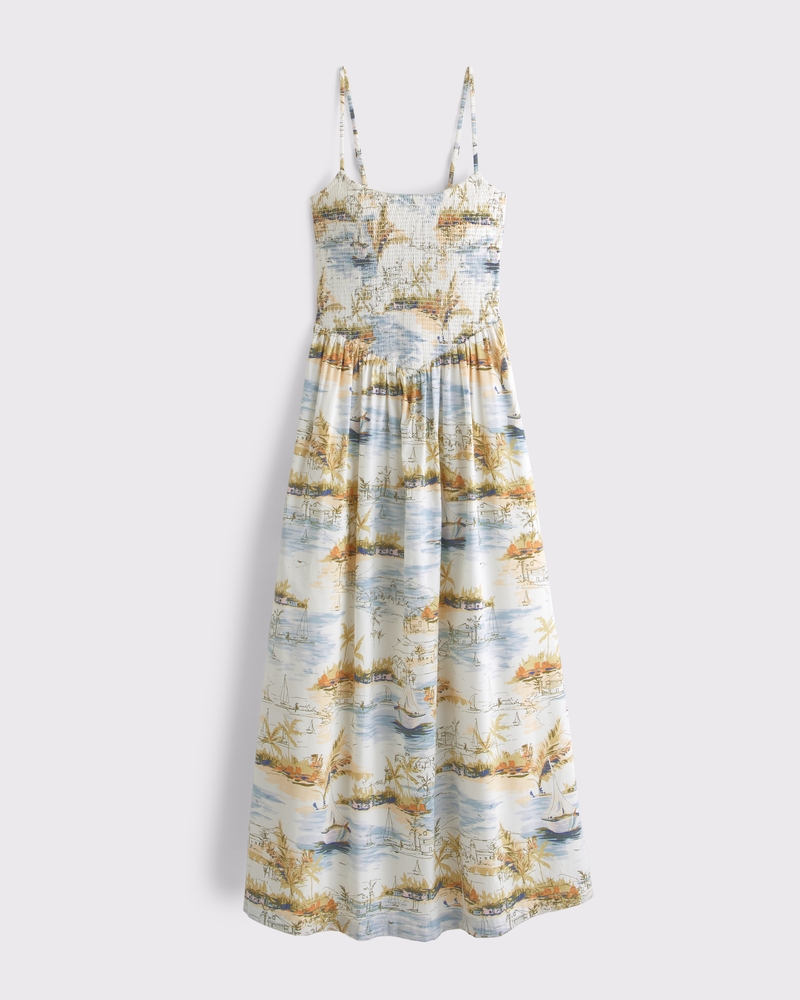Dipped-Waist Smocked Midi Dress(white pattern,XXS)