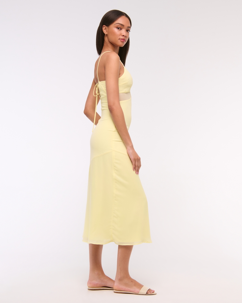 Tie-Back Sheer Slip Midi Dress(yellow,XXS)