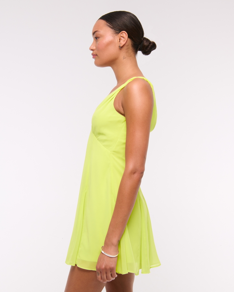 V-Neck Twist Godet Mini Dress(lime green,XXS)