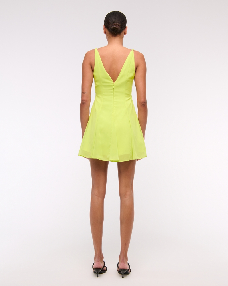 V-Neck Twist Godet Mini Dress(lime green,XXS)