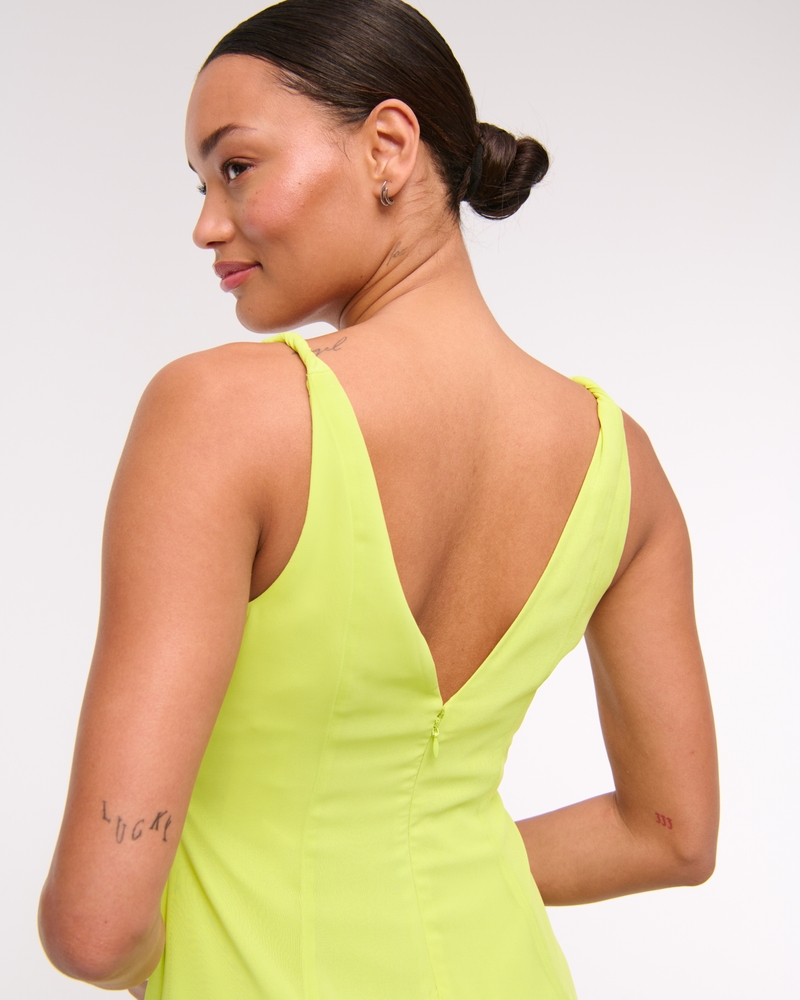 V-Neck Twist Godet Mini Dress(lime green,XXS)