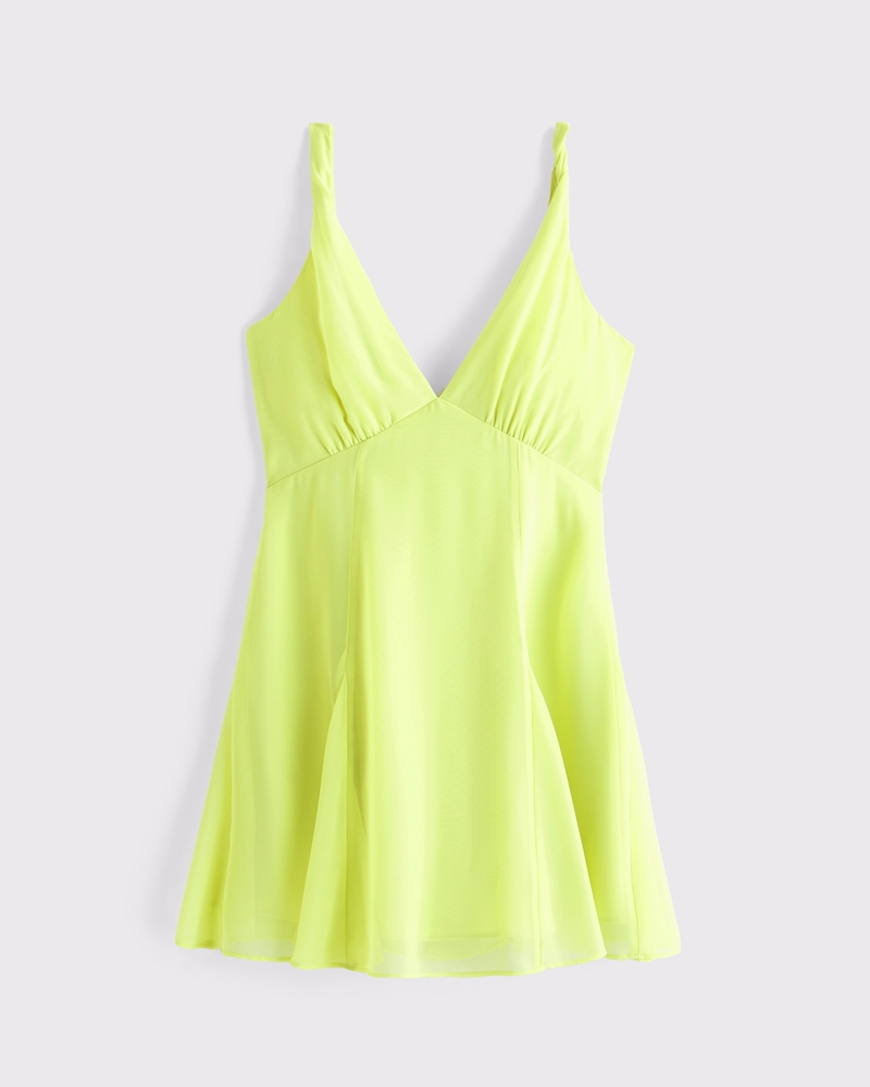 V-Neck Twist Godet Mini Dress(lime green,XXS)
