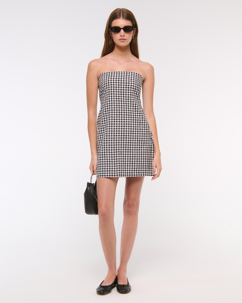 The A&F Scarlett Strapless Linen-Blend Skort(black gingham,XXS)