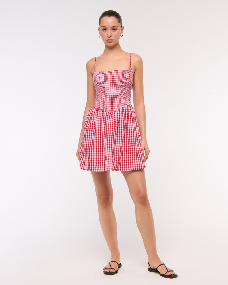 Dipped-Waist Smocked Mini Dress(red gingham,XXS)