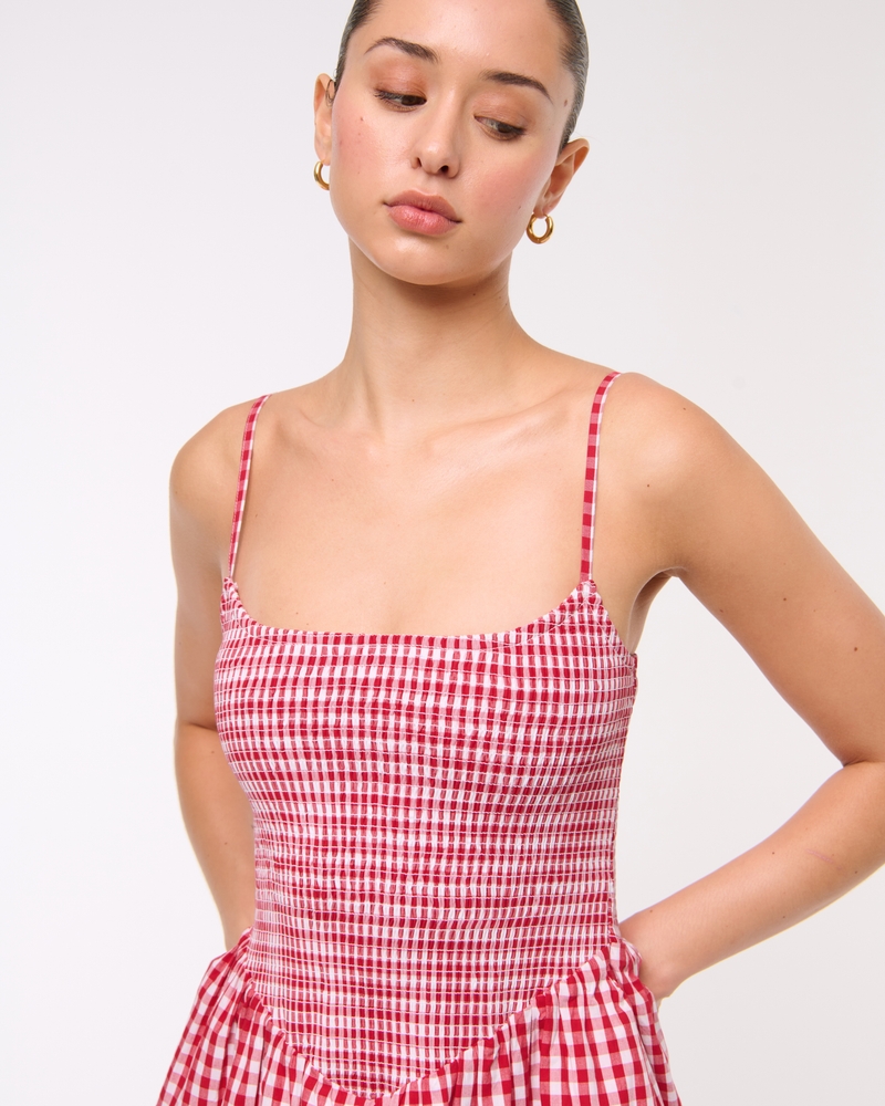 Dipped-Waist Smocked Mini Dress(red gingham,XXS)