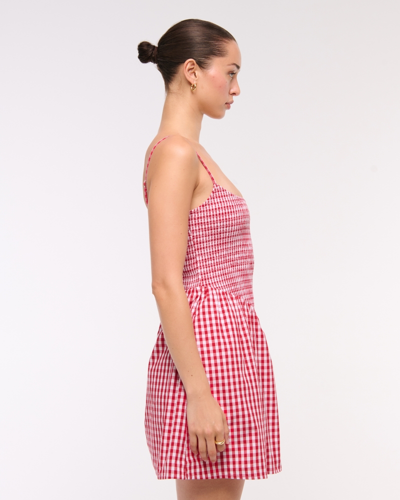 Dipped-Waist Smocked Mini Dress(red gingham,XXS)