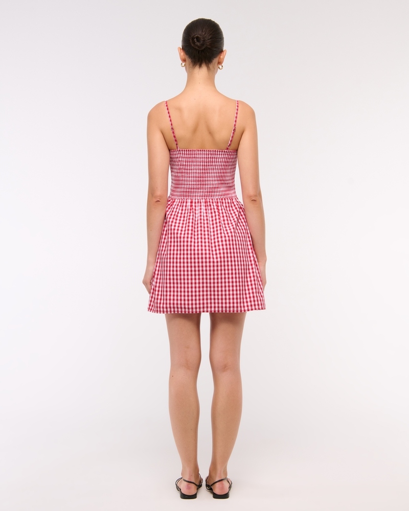 Dipped-Waist Smocked Mini Dress(red gingham,XXS)
