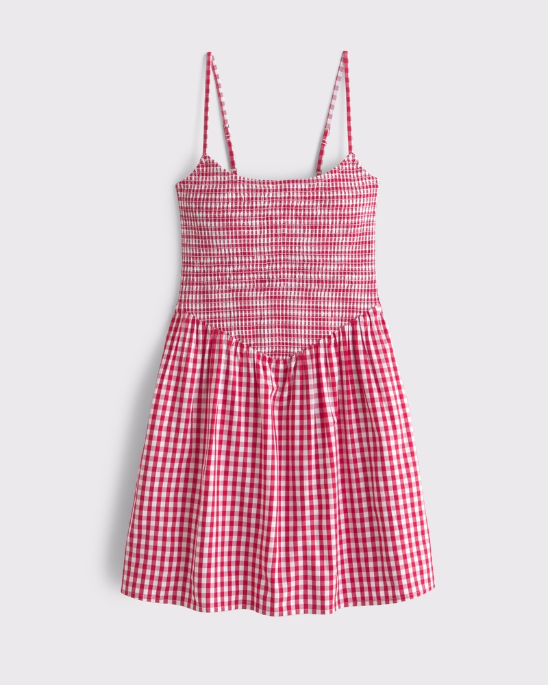 Dipped-Waist Smocked Mini Dress(red gingham,XXS)