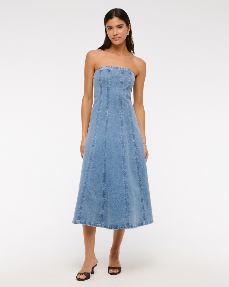 The A&F Mila Strapless Denim Midi Dress